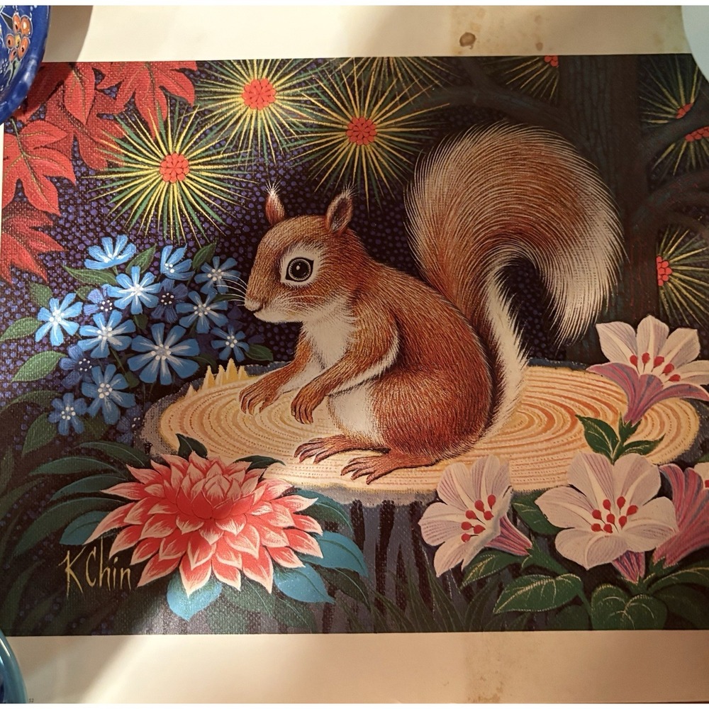 Vintage 1972 K Chin Squirrel Lithograph Donald Art Company 11" X 14" AS IS